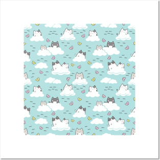 Seamless Pattern clouds butterflies Cute Kawaii Cats Posters and Art